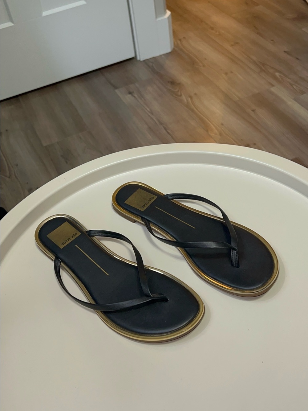 Dolce Vita Black Flip Flop Sandals with Gold Contrast Trim